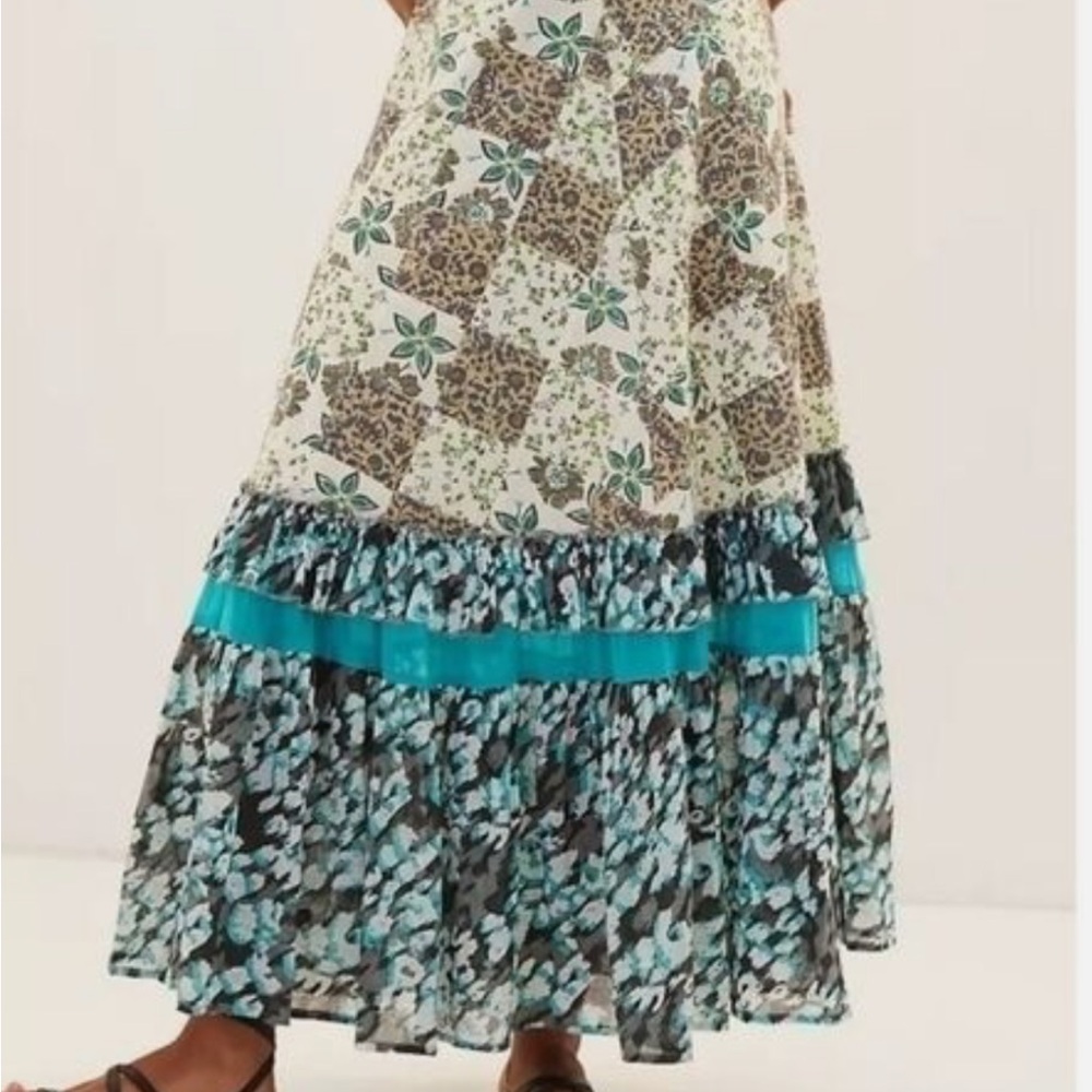 Anthropologie Raga Floral Patchwork Ruffle Tiered Maxi Skirt Size XL